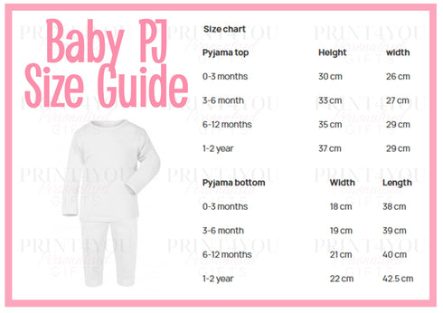 The image is a size chart for baby pajamas, providing measurements for different age groups and corresponding pajama sizes.